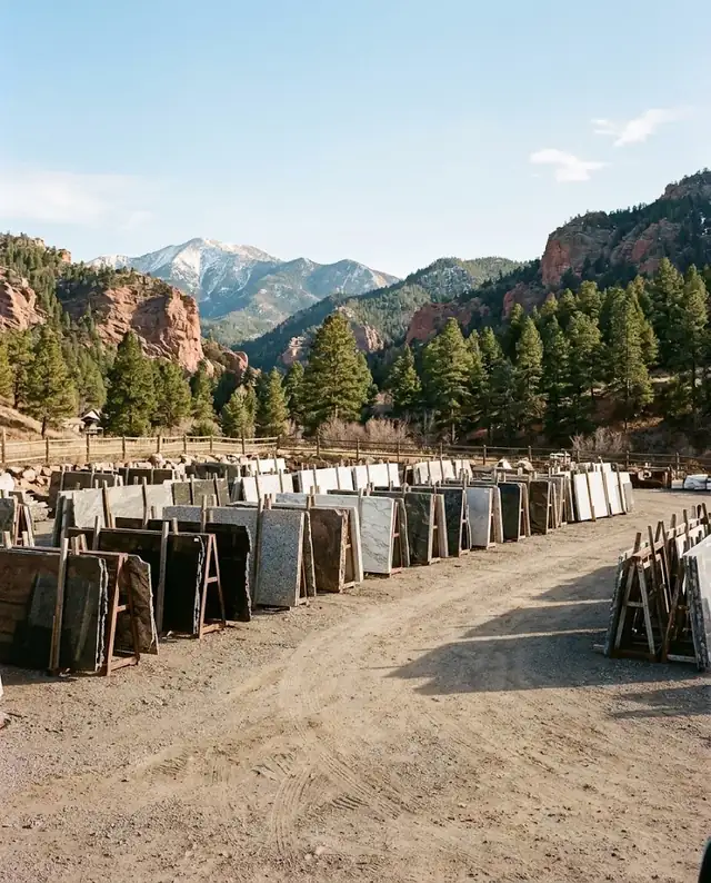 Polished granite and marble slabs on racks in a stone yard below Colorado mountains