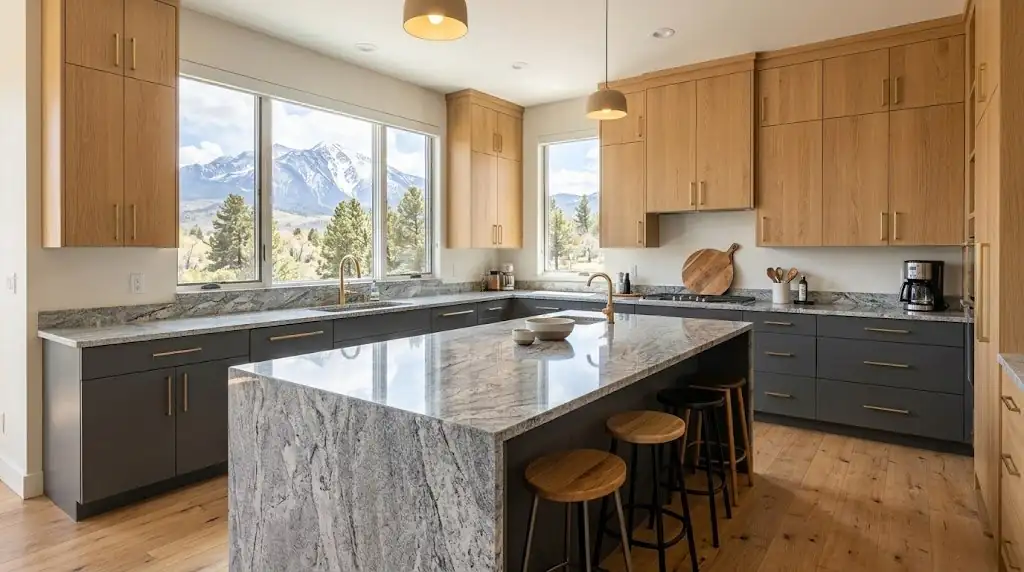 Illustration of a Carbondale, CO mountain-home kitchen with granite countertops on a large island
