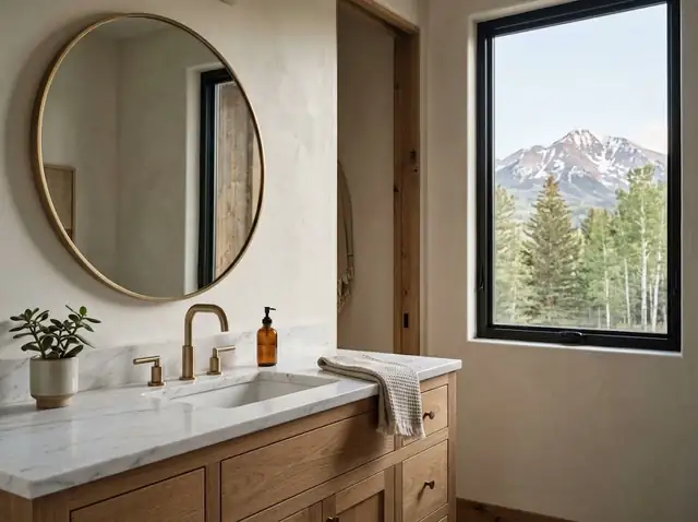 White veined marble vanity top with a brass faucet and oak vanity base